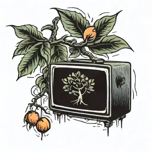 Broken Tv With A Peach Tree Growing Out Of It