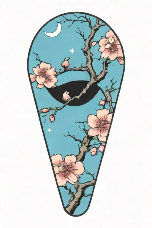 Sakura Branch With Flowers With Moon Offset In Background