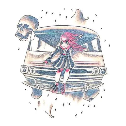 A Gothic Girl On The Top Of A Destroyed Bus With Another Girl On The Ground