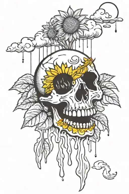 A Skull Crying Onto A Rain Cloud With Growing Sunflower Below With A Smiley Face