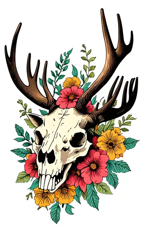 Elk Skull With Flowers