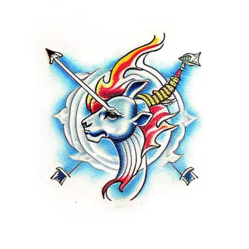 A Traditional Style Tattoo Of Sagittarius And Aries Symbols Surrounded By Flames