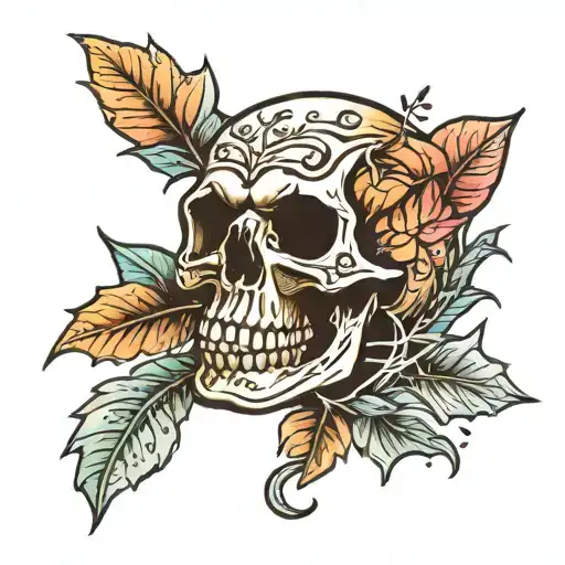 Skull With Leaves Sunset Over Lake