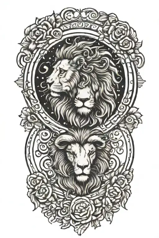 Lion And Ram In Love Inside A Moon Outline