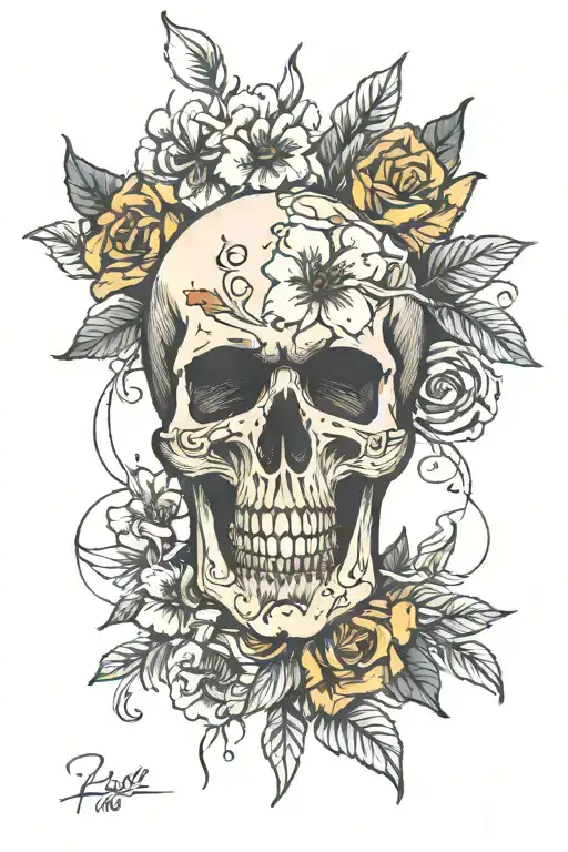 Skull With Azaleas For Eyes And Crossed Missiles Behind It
