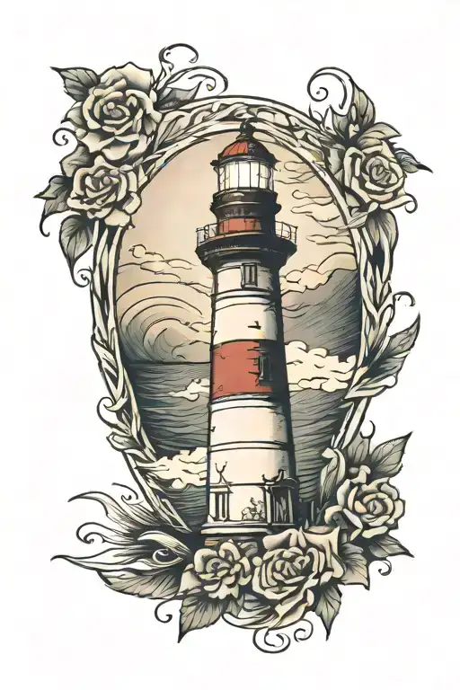 Lighthouse In The Middle Of A Storm With A Wreath Around The Edge