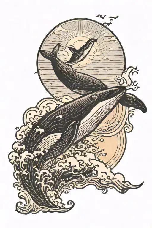 Whale Jumping Of The Sea With Moon Surrounded