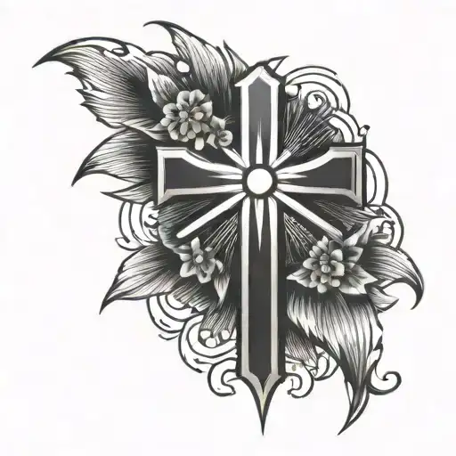 Cross With Sun Rays And One Flower