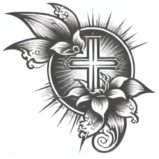 Cross With Sun Rays And One Flower