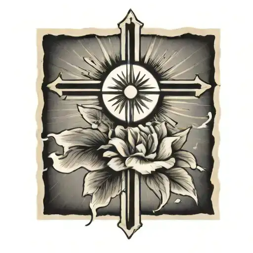 Cross With Sun Rays And One Flower