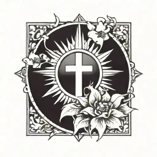 Cross With Sun Rays And One Flower
