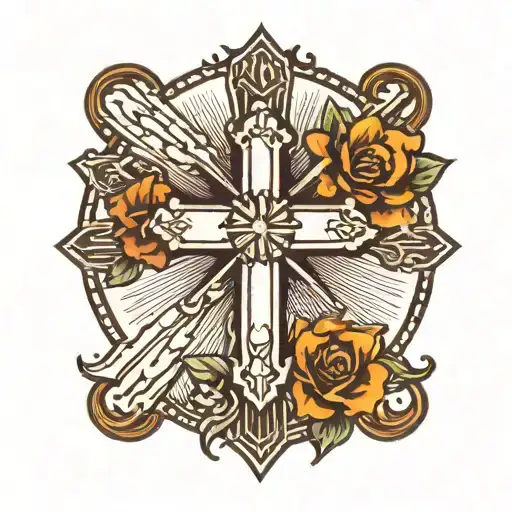 Cross With Sun Rays And One Flower