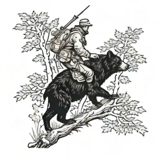 A Detailed Blackwork Tattoo Of A Hunter Tracking A Black Bear Through A Dense Forest