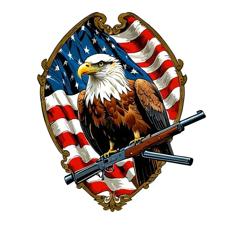 A Patriotic Bald Eagle Perched On A Rifle With An American Flag In The Background