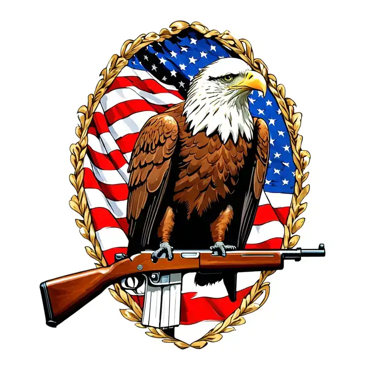 A Patriotic Bald Eagle Perched On A Rifle With An American Flag In The Background