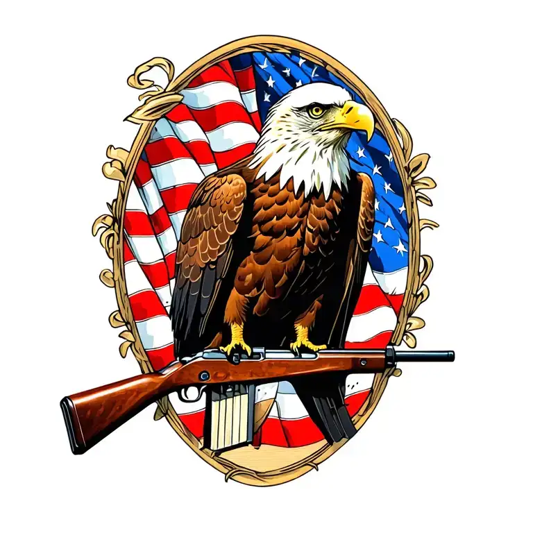 A Patriotic Bald Eagle Perched On A Rifle With An American Flag In The Background