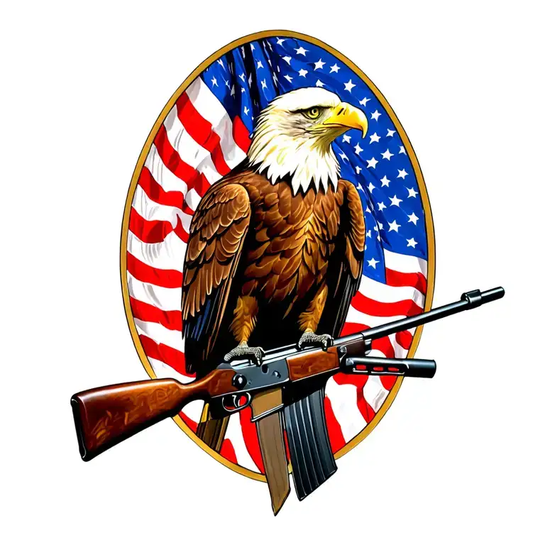 A Patriotic Bald Eagle Perched On A Rifle With An American Flag In The Background