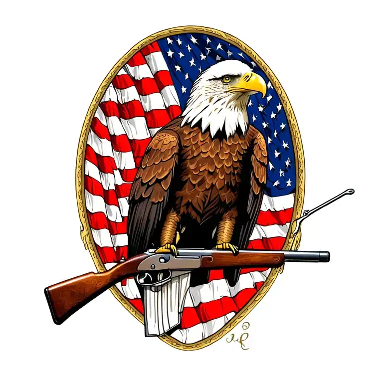 A Patriotic Bald Eagle Perched On A Rifle With An American Flag In The Background