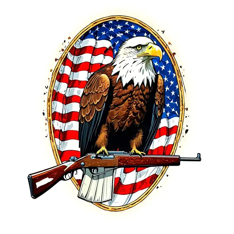 A Patriotic Bald Eagle Perched On A Rifle With An American Flag In The Background