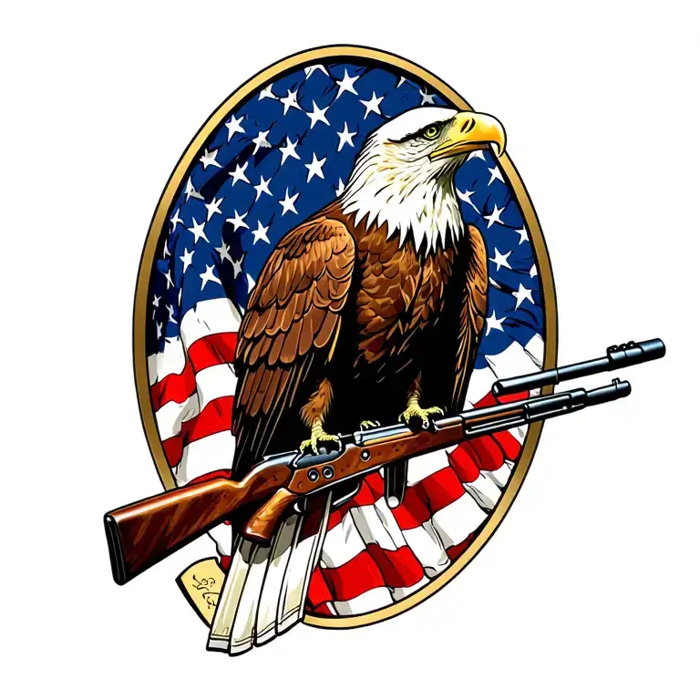 A Patriotic Bald Eagle Perched On A Rifle With An American Flag In The Background