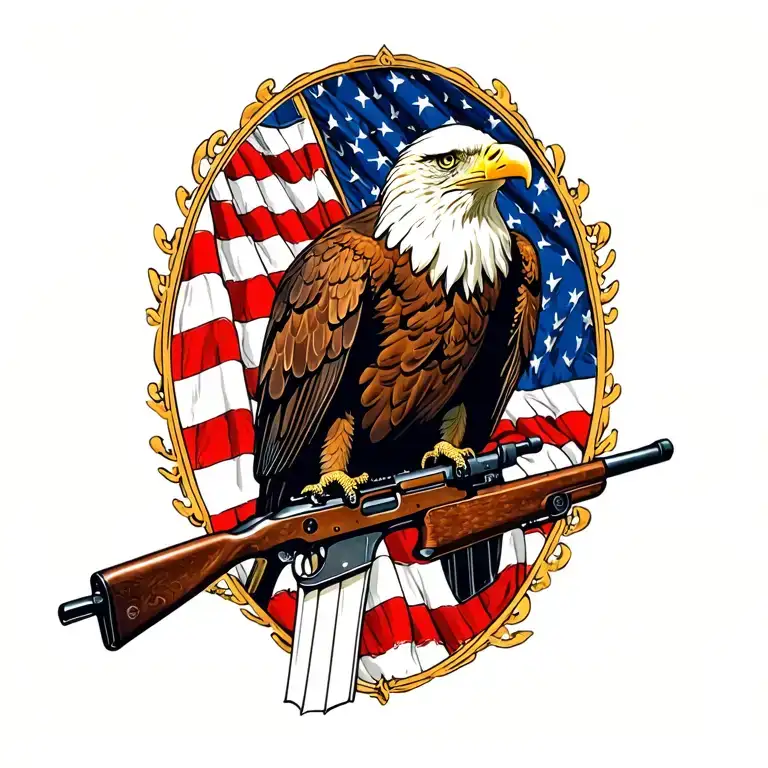 A Patriotic Bald Eagle Perched On A Rifle With An American Flag In The Background