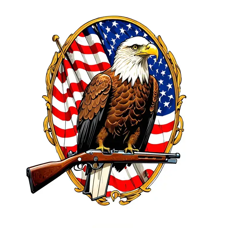 A Patriotic Bald Eagle Perched On A Rifle With An American Flag In The Background
