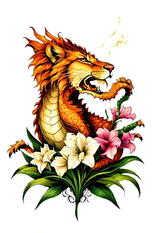 Leo Zodiac Sign Surrounded By Gladiolus Flower And Earth Dragon