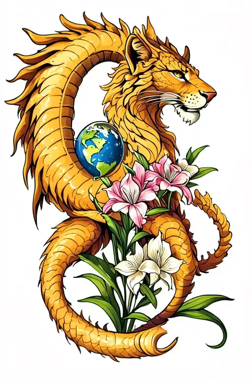 Leo Sign Surrounded By Gladiolus Flower And Earth Dragon