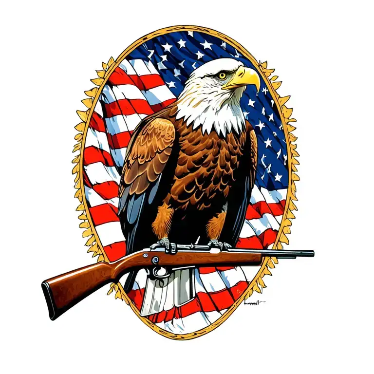 A Patriotic Bald Eagle Perched On A Rifle With An American Flag In The Background