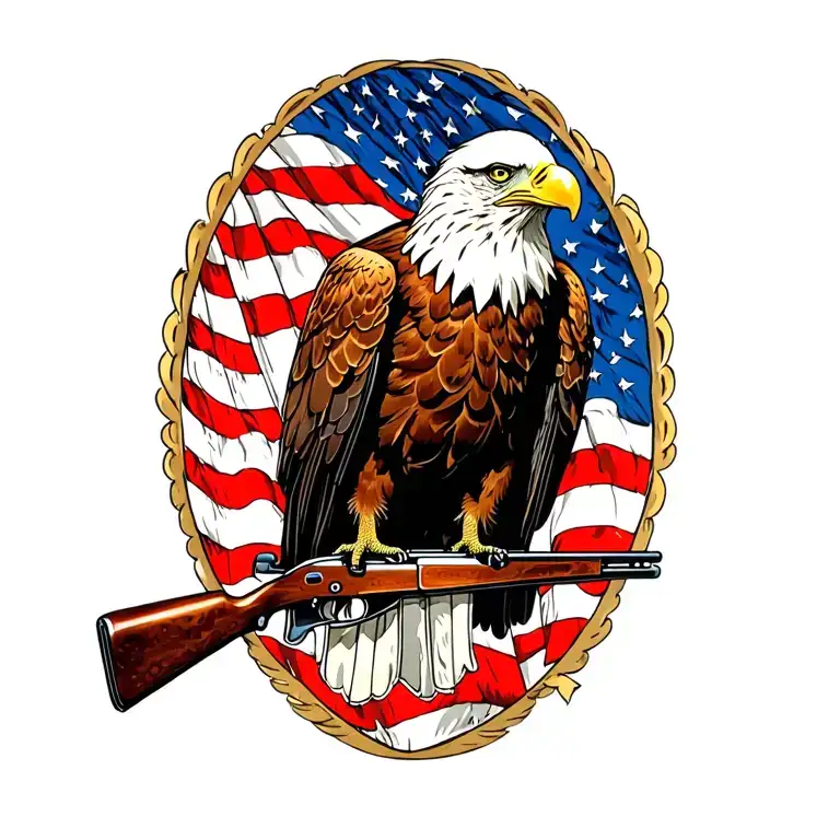 A Patriotic Bald Eagle Perched On A Rifle With An American Flag In The Background