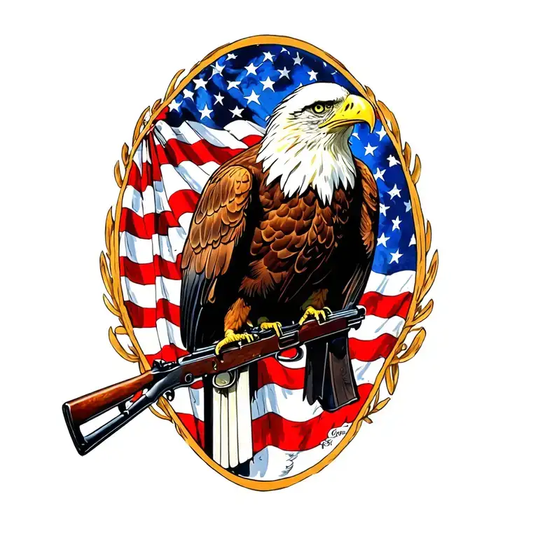 A Patriotic Bald Eagle Perched On A Rifle With An American Flag In The Background