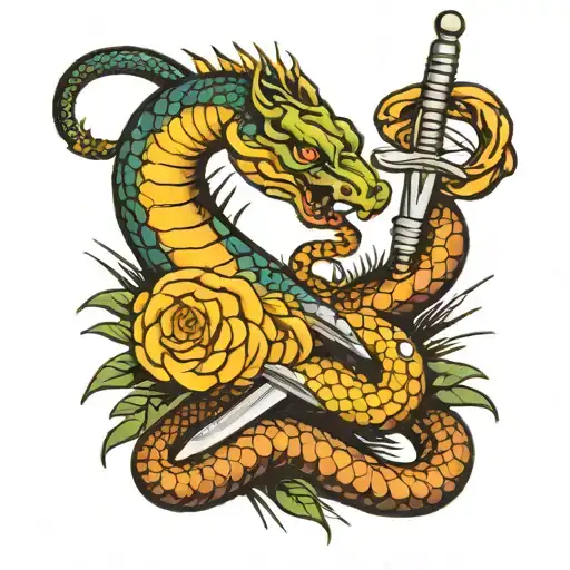 Sword Pierces Snake's Head On Knee