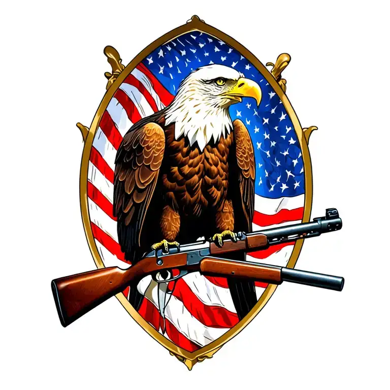 A Patriotic Bald Eagle Perched On A Rifle With An American Flag In The Background