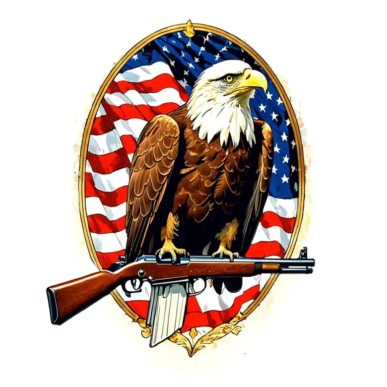 A Patriotic Bald Eagle Perched On A Rifle With An American Flag In The Background