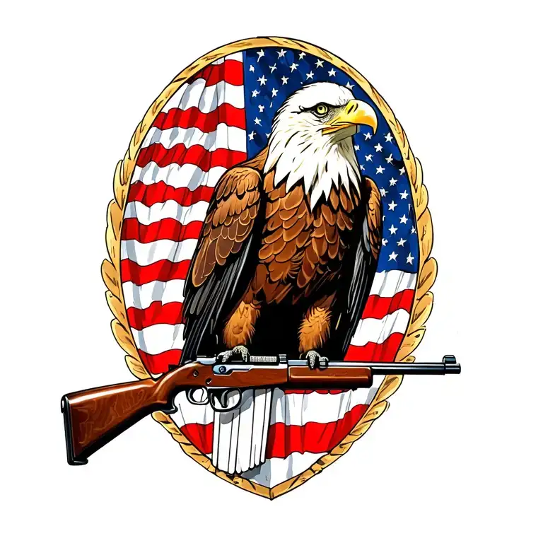 A Patriotic Bald Eagle Perched On A Rifle With An American Flag In The Background