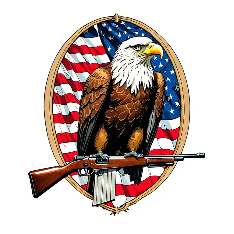 A Patriotic Bald Eagle Perched On A Rifle With An American Flag In The Background