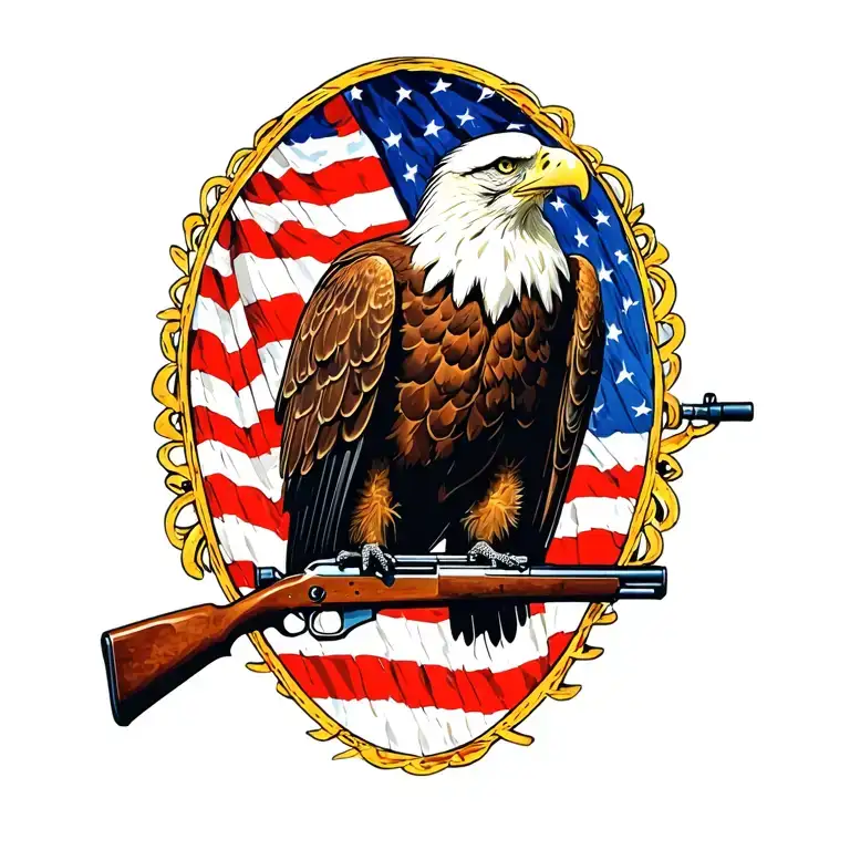 A Patriotic Bald Eagle Perched On A Rifle With An American Flag In The Background