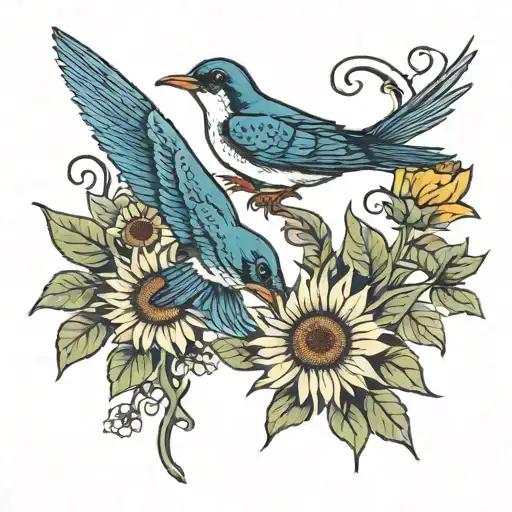 A Pair Of Swallows With Sunflowers In The Background And Orla Written In It