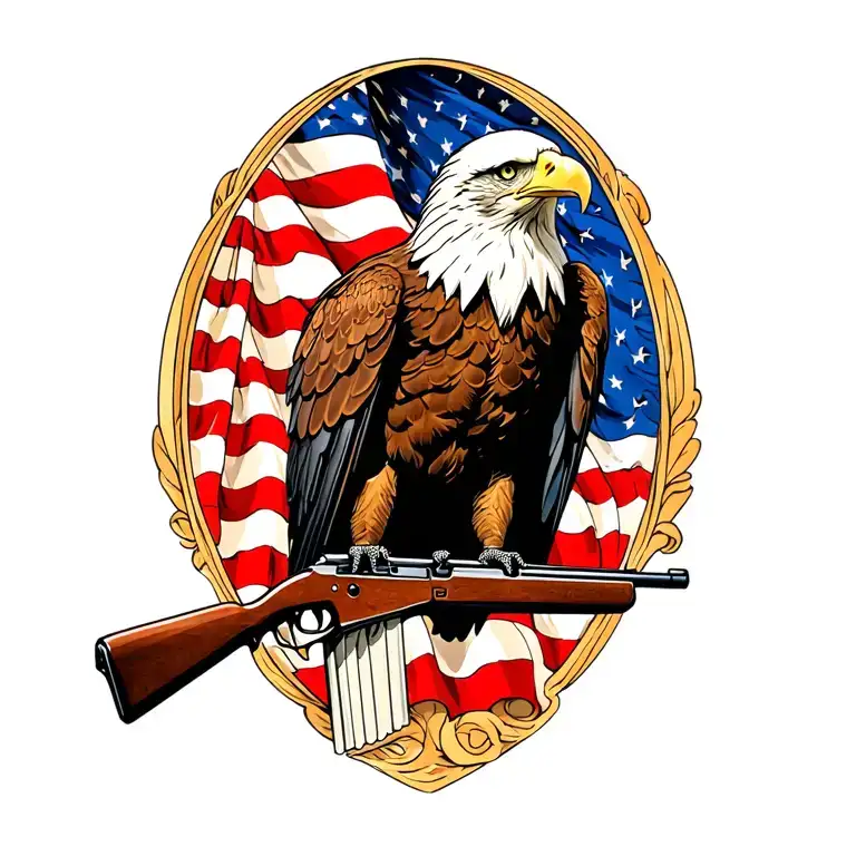 A Patriotic Bald Eagle Perched On A Rifle With An American Flag In The Background