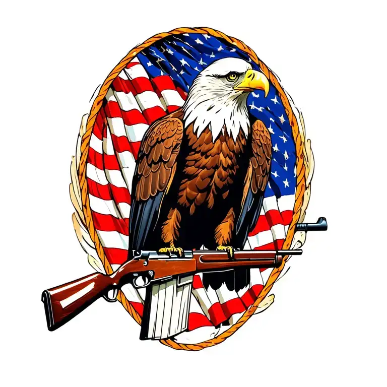A Patriotic Bald Eagle Perched On A Rifle With An American Flag In The Background