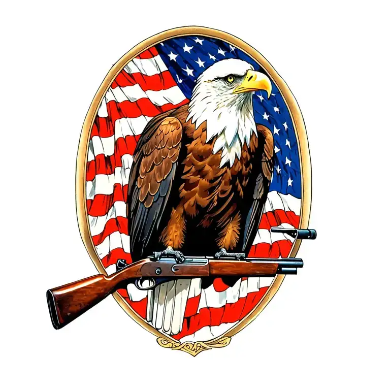 A Patriotic Bald Eagle Perched On A Rifle With An American Flag In The Background