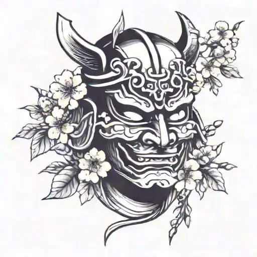 A Broken Samurai Mask With Cherry Blossoms Around It