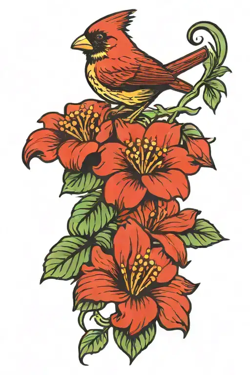 Cardinal With Flowers And A Frog