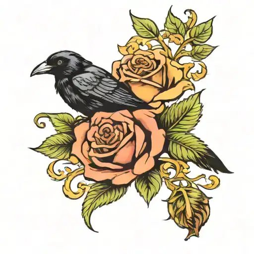 Roses And A Raven Flying With Color In The Background