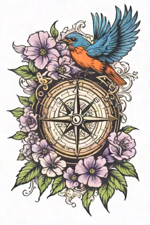 Compass With Bluebird And Violet Flower