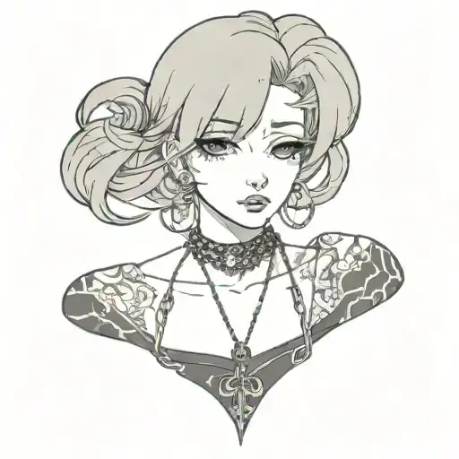 Sad Anime Girl With Chain Necklace Black Grey