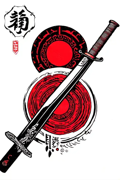 Katana Tattoo With Red Circle Shape