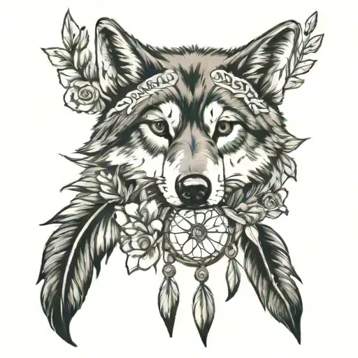 Wolf And Dream Catcher And Flowers