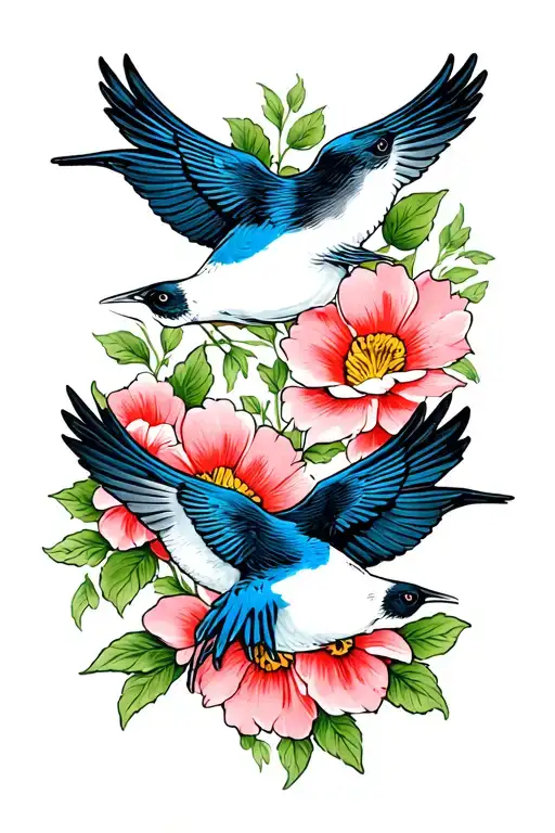 Two Swallows And Flowers