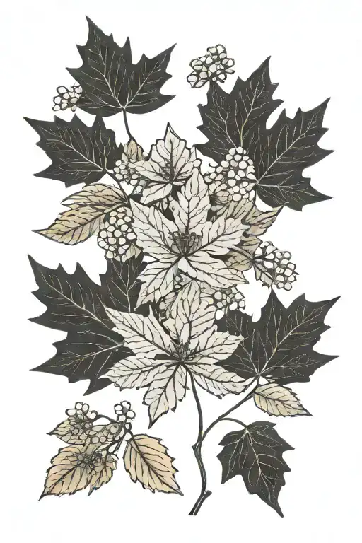 Black And Grey Maple And Oak Leaves With Colorful Wild Flowers
